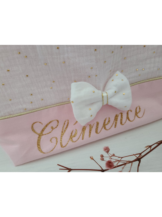 Trousse de toilette personnalisée double gaze blanche et or