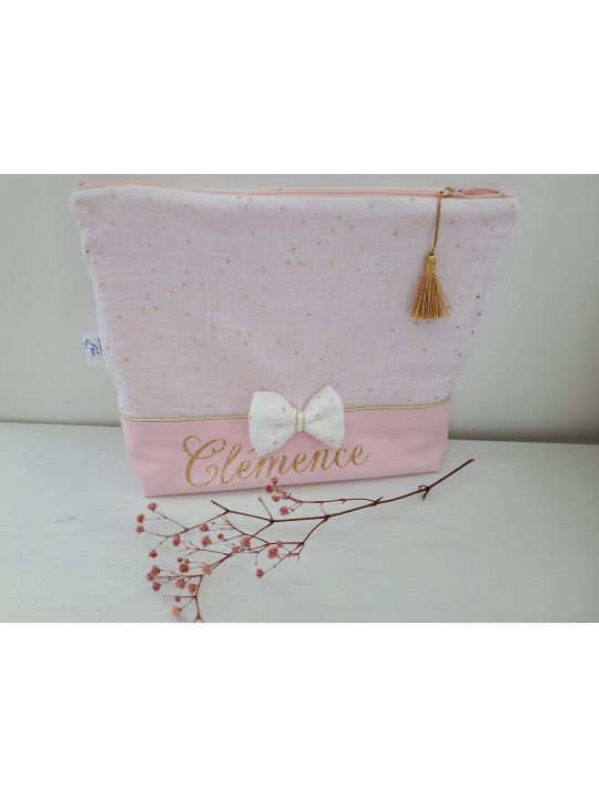 Trousse de toilette personnalisée double gaze blanche et or