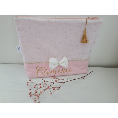 Trousse de toilette personnalisée double gaze blanche et or