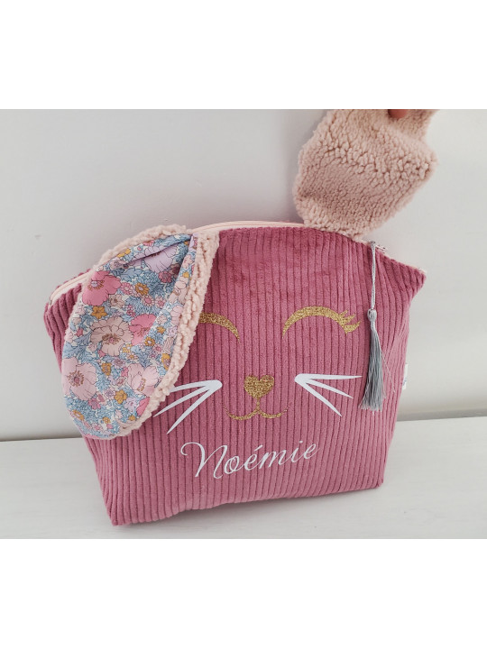 Trousse de toilette lapin personnalisée prénom en velours et liberty Meadow song