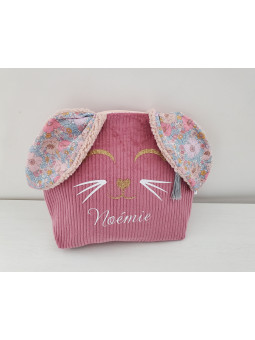 Trousse de toilette lapin personnalisée prénom en velours et liberty Meadow song