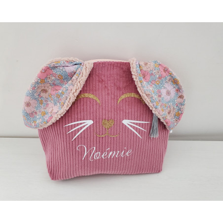 Trousse de toilette lapin personnalisée prénom en velours et liberty Meadow song