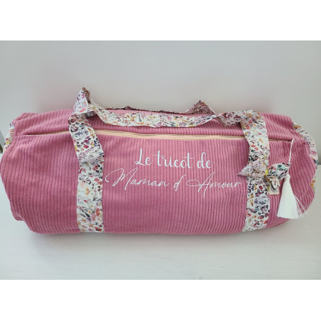 Sac bowling (sac week-end) en liberty Felda/ velours vieux rose, personnalisé