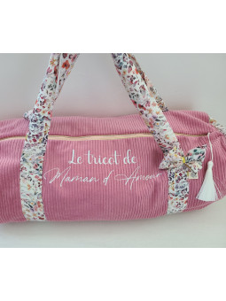 Sac bowling (sac week-end) en liberty Felda/ velours vieux rose, personnalisé