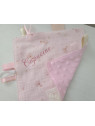 Doudou étiquettes double gaze coton BIO rose fleurie personnalisé tout doux