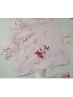 Doudou étiquettes double gaze coton BIO rose fleurie personnalisé tout doux
