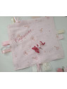 Doudou étiquettes double gaze coton BIO rose fleurie personnalisé tout doux