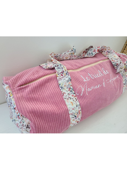 Sac bowling (sac week-end) en liberty Felda/ velours vieux rose, personnalisé