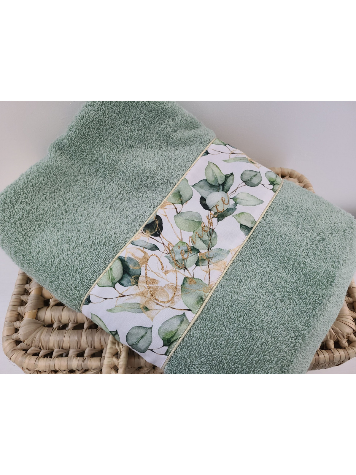 Drap de douche 70x140 vert coton eucalyptus personnalisé