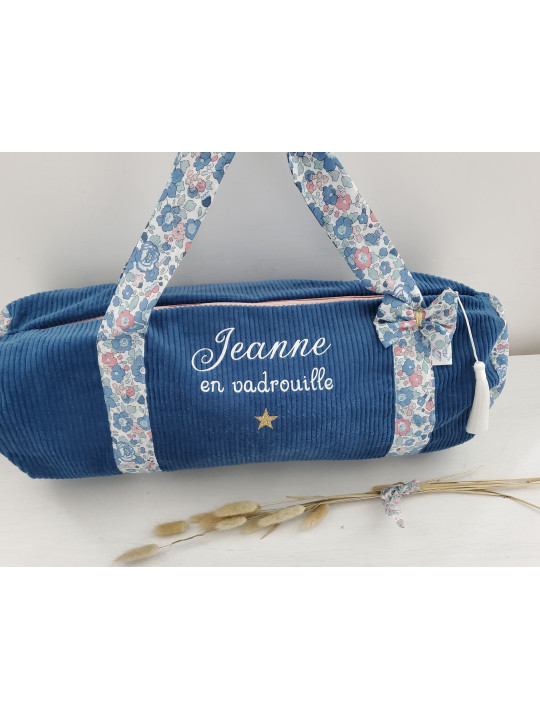 Sac bowling (sac week-end) en liberty Betsy asagao/ velours, personnalisé