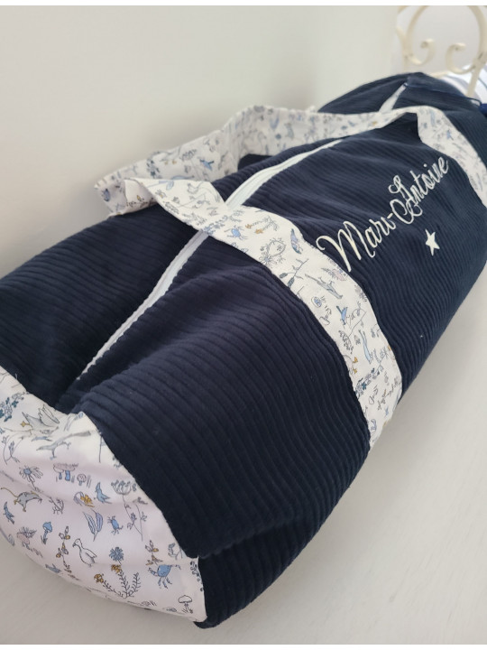 Sac bowling (sac week-end) en liberty Theo blue dust/ velours, personnalisé