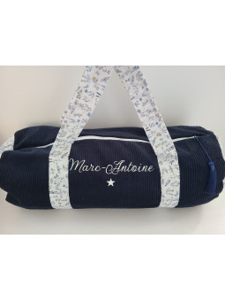 Sac bowling (sac week-end) en liberty Theo blue dust/ velours, personnalisé