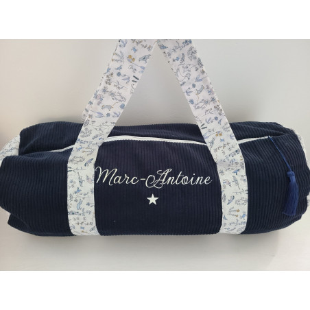 Sac bowling (sac week-end) en liberty Theo blue dust/ velours, personnalisé
