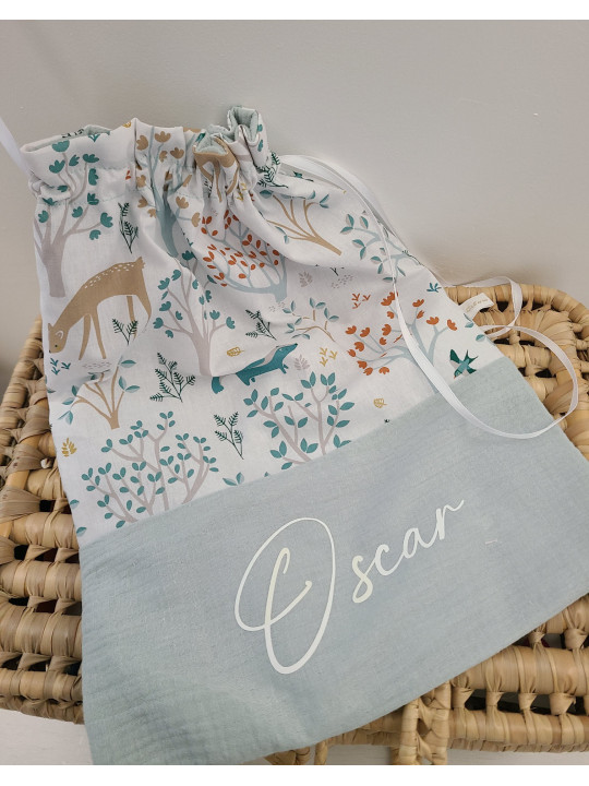 Sac pochon personnalisable pour crèche ou maternelle double gaze et coton forêt