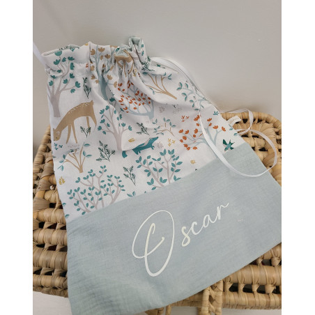 Sac pochon personnalisable pour crèche ou maternelle double gaze et coton forêt