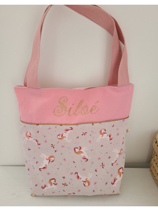 Tote bag personnalisé coton rose et licornes