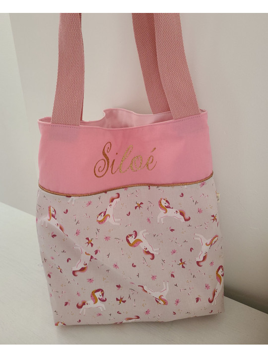 Tote bag personnalisé coton rose et licornes