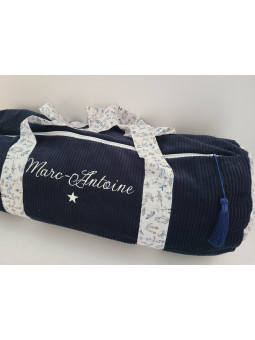 Sac bowling (sac week-end) en liberty Theo blue dust/ velours, personnalisé