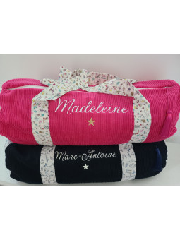 Sac bowling (sac week-end) en liberty Theo blue dust/ velours, personnalisé