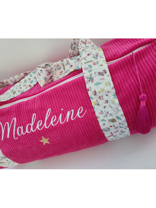 Sac bowling (sac week-end) en liberty petits animaux et fleurs/ velours, personnalisé