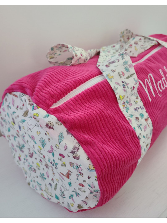 Sac bowling (sac week-end) en liberty petits animaux et fleurs/ velours, personnalisé