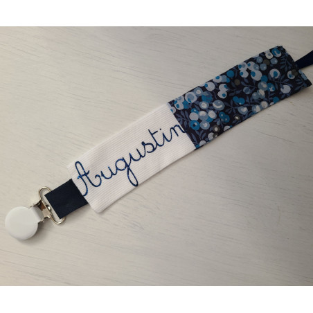 Attache tétine liberty Wiltshire bleu gris personnalisée