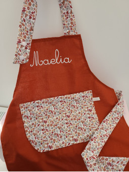 Tablier personnalisé terracotta et coton fleuri (choix de tailles)