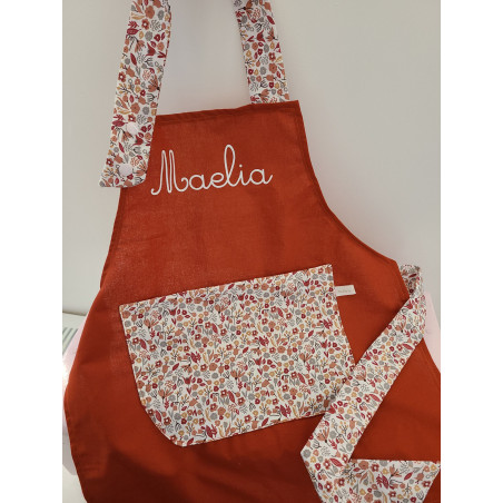 Tablier personnalisé terracotta et coton fleuri (choix de tailles)
