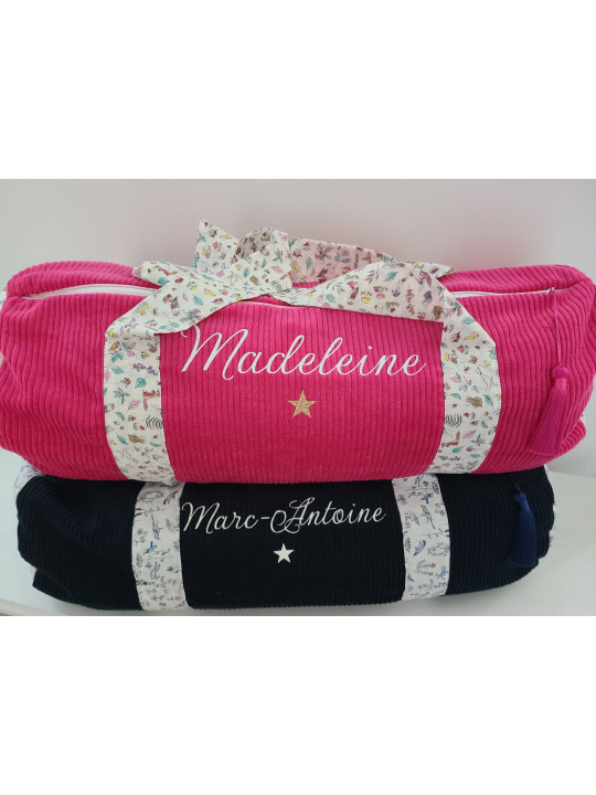 Sac bowling (sac week-end) en liberty petits animaux et fleurs/ velours, personnalisé