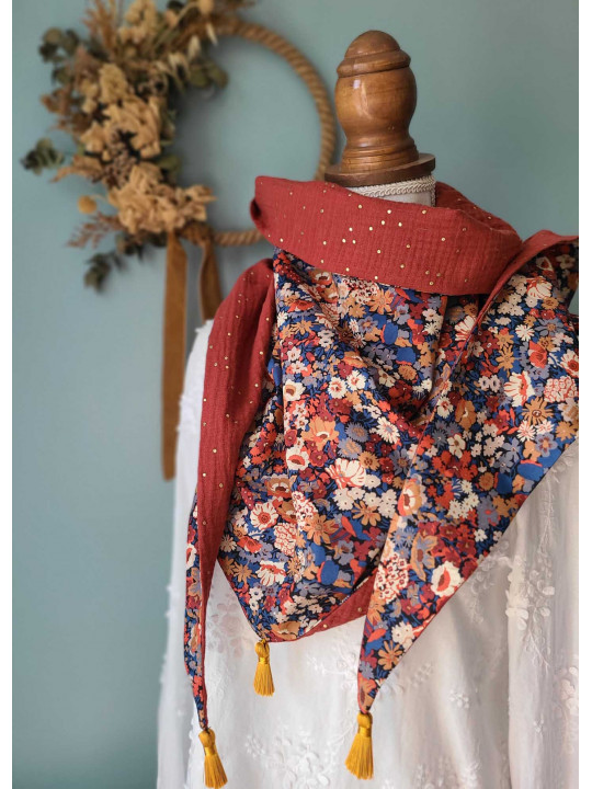 Chèche liberty Thorpe et double gaze terracotta confettis or