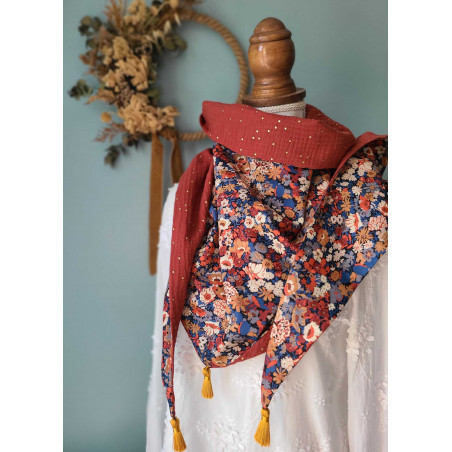 Chèche liberty Thorpe et double gaze terracotta confettis or