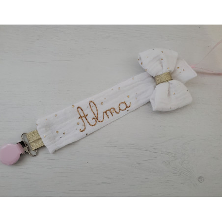 Attache tétine personnalisée, double gaze confettis dorés