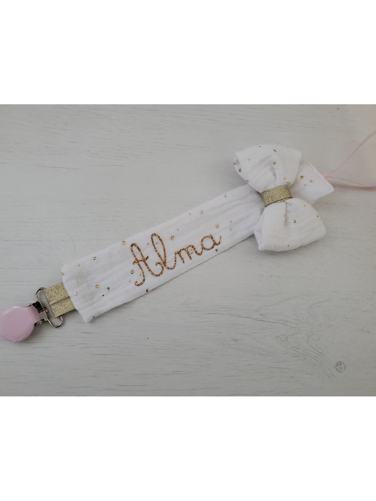 Attache tétine personnalisée, double gaze confettis dorés