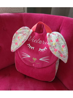 Sac à dos petit lapin maternelle / crèche velours et liberty coeurs fluos personnalisé