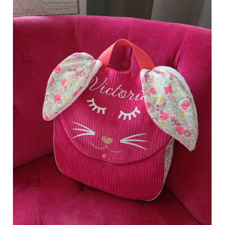 Sac à dos petit lapin maternelle / crèche velours et liberty coeurs fluos personnalisé