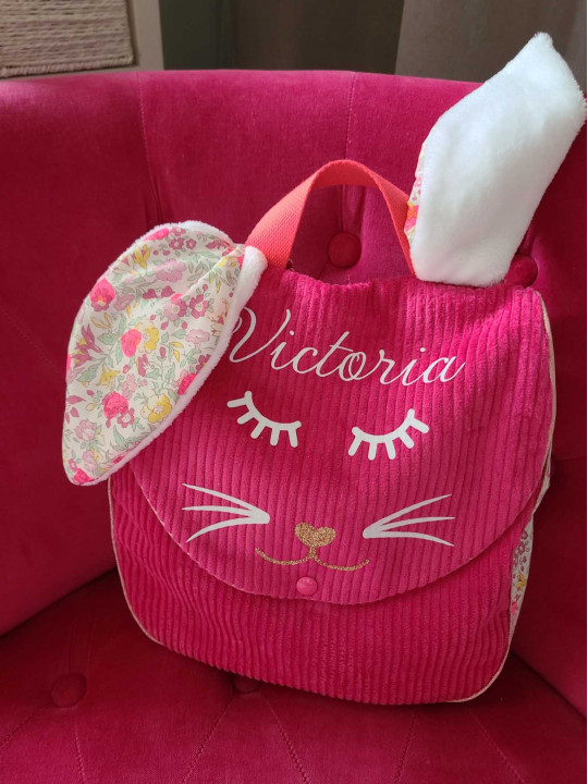 Sac à dos petit lapin maternelle / crèche velours et liberty coeurs fluos personnalisé