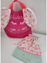 Sac à dos petit lapin maternelle / crèche velours et liberty coeurs fluos personnalisé