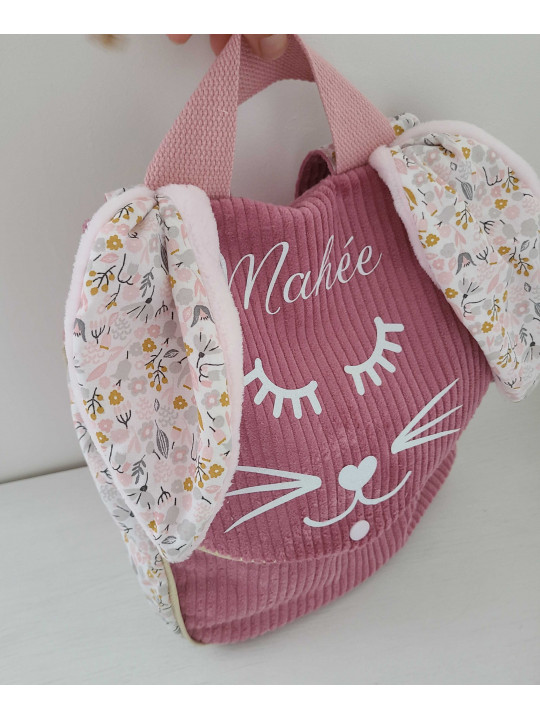 Sac à dos petit lapin maternelle / crèche velours et coton floral vieux rose et moutarde