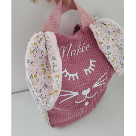 Sac à dos petit lapin maternelle / crèche velours et coton floral vieux rose et moutarde
