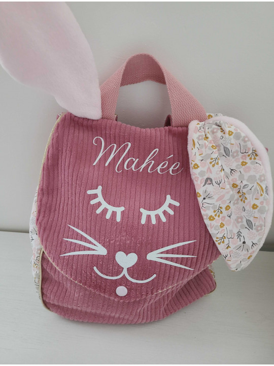 Sac à dos petit lapin maternelle / crèche velours et coton floral vieux rose et moutarde