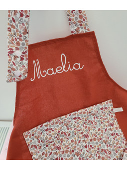Tablier personnalisé terracotta et coton fleuri (choix de tailles)