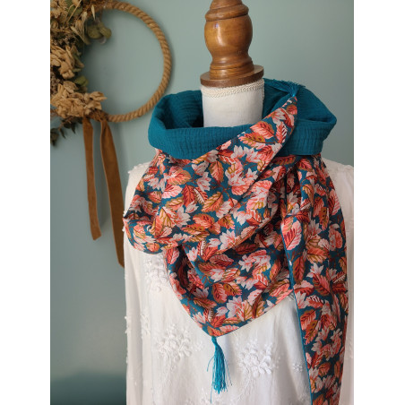 Chèche liberty autumn et double gaze bleu canard