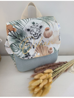 Cartable sac à dos personnalisable velours vert, thème jungle