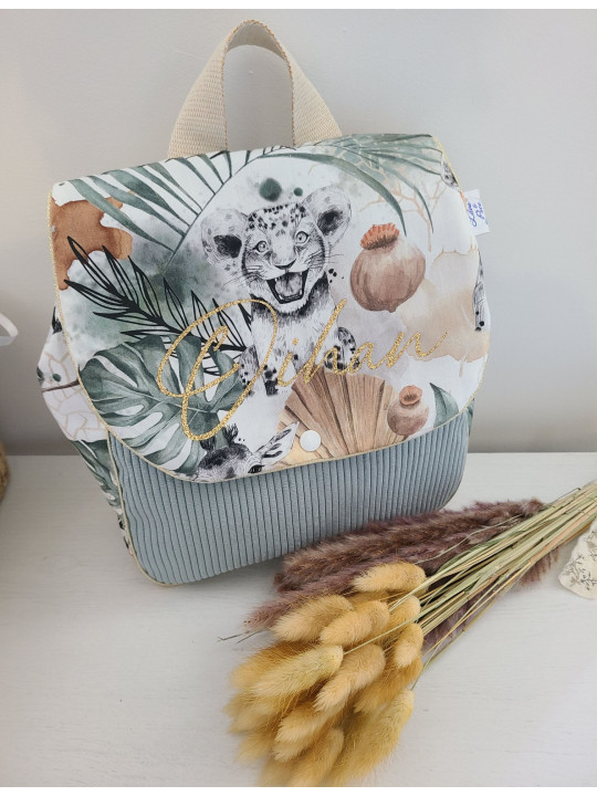 Cartable sac à dos personnalisable velours vert, thème jungle