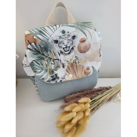 Cartable sac à dos personnalisable velours vert, thème jungle