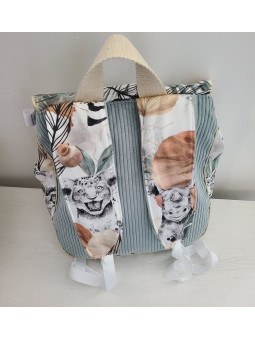 Cartable sac à dos personnalisable velours vert, thème jungle