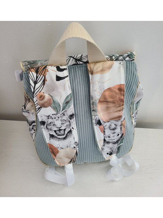 Cartable sac à dos personnalisable velours vert, thème jungle