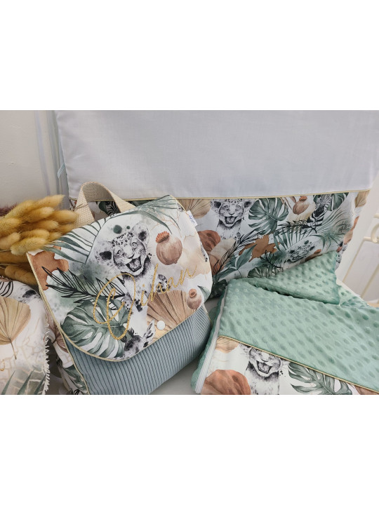 Cartable sac à dos personnalisable velours vert, thème jungle