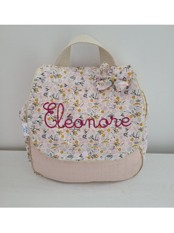 Sac à dos pour entrée en maternelle / crèche personnalisé, coton floral rose et or