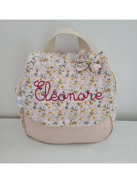Sac à dos pour entrée en maternelle / crèche personnalisé, coton floral rose et or
